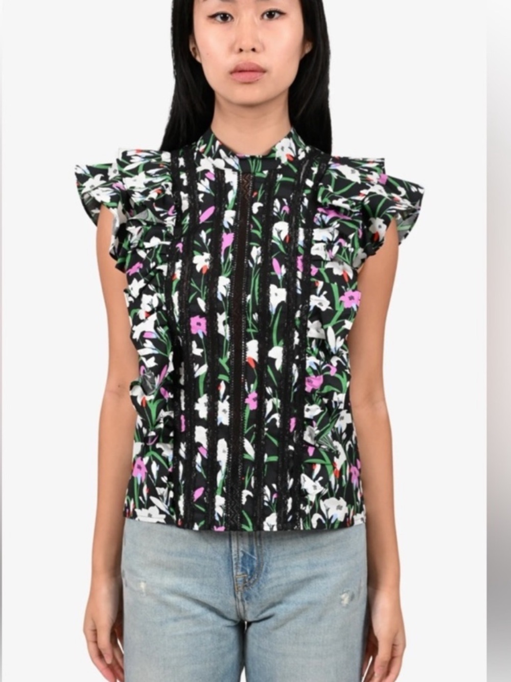 Veronica Beard Sol Printed Lace   Cotton Floral Ruffle Sleeve Blouse Size 10